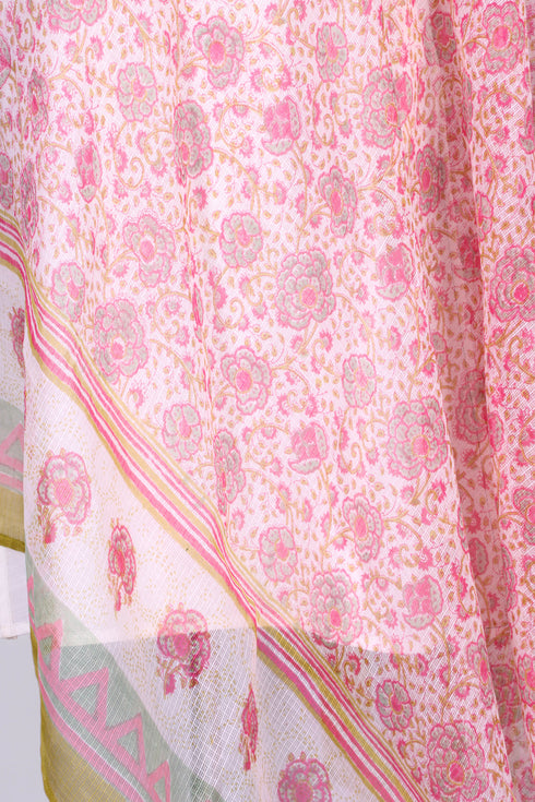 Kota Doria Dupatta In Floral Block Print